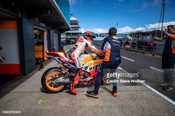 Marc Marquez of Spain and Repsol Honda Team starts his session during the free practice session of the MotoGP of Australia during free practice for...