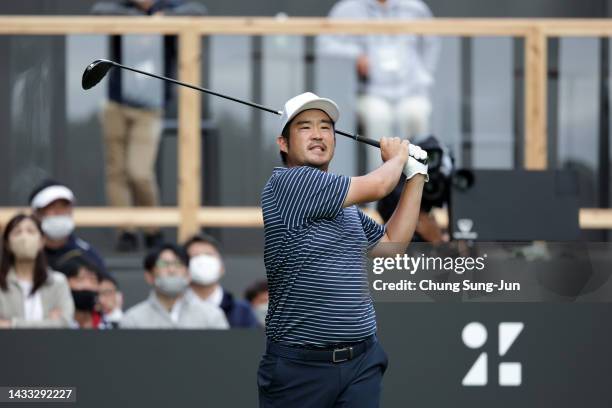 John Huh of the United States hits his tee shot on the 18th hole during the second round of the ZOZO Championship at Accordia Golf Narashino Country...