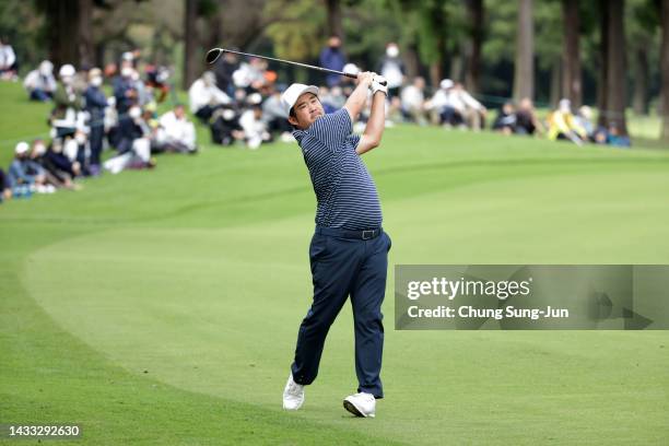 John Huh of the United States hits his second shot on the 18th hole during the second round of the ZOZO Championship at Accordia Golf Narashino...