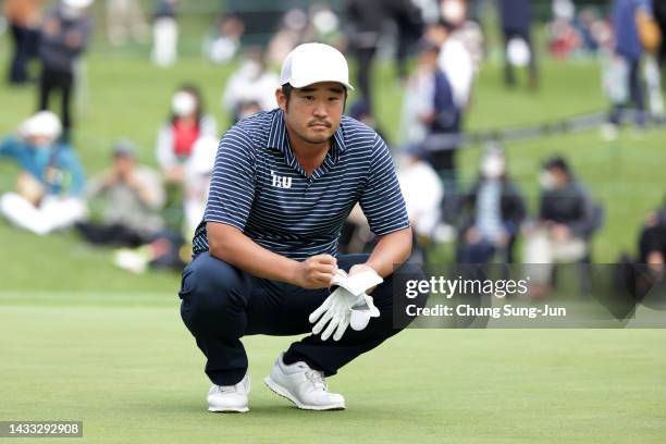 John Huh of the United States is seen on the 18th green during the second round of the ZOZO Championship at Accordia Golf Narashino Country Club on...