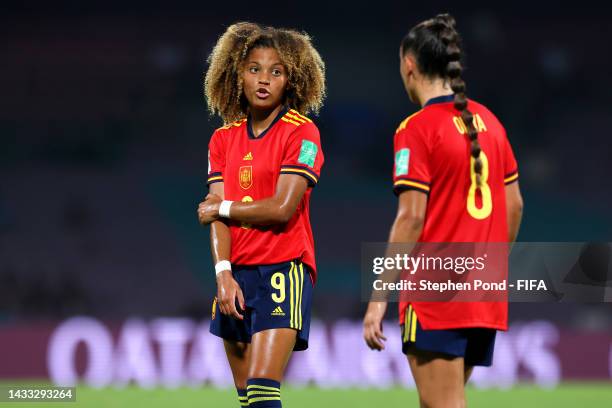 Vicky Lopez and Olaya Enrique of Spain line up a free kick during the FIFA U-17 Women's World Cup 2022 group stage match between Spain and Colombia...