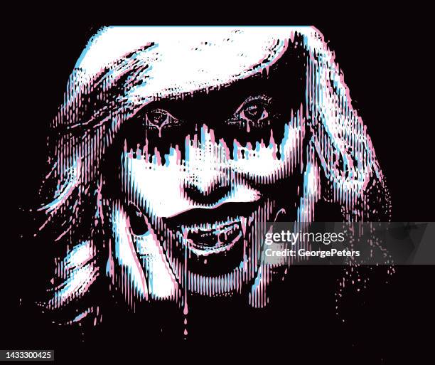 spooky female vampire licking her lips with glitch technique - licking stock illustrations