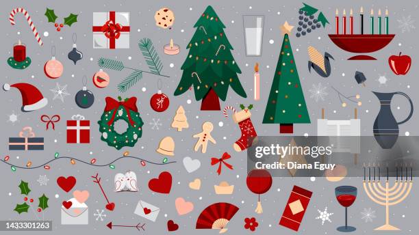 stockillustraties, clipart, cartoons en iconen met christmas, valentine's day, hanukkah, kwanzaa, chinese new year set - chanoeka