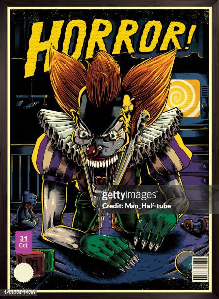 ilustraciones, imágenes clip art, dibujos animados e iconos de stock de póster de terror de cómic de payaso malvado - horror movie