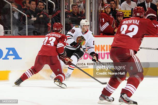 Patrick Kane of the Chicago Blackhawks skates with the puck against the Phoenix Coyotes in Game Five of the Western Conference Quarterfinals during...