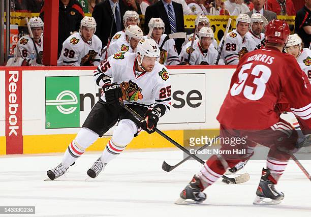 Viktor Stalberg of the Chicago Blackhawks skates with the puck against the Phoenix Coyotes in Game Five of the Western Conference Quarterfinals...