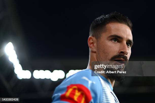 Jamie Maclaren of Melbourne City takes to the field for wam ups ahead of the round two A-League Men's match between Brisbane Roar and Melbourne City...