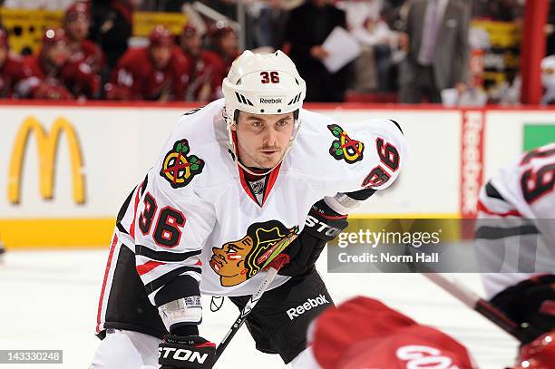 Dave Bolland of the Chicago Blackhawks gets ready during a faceoff against the Phoenix Coyotes in Game Five of the Western Conference Quarterfinals...