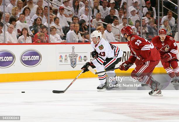 Brandon Saad of the Chicago Blackhawks skates after the puck up ice against the Phoenix Coyotes in Game Five of the Western Conference Quarterfinals...