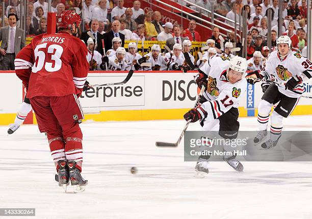 Brendan Morrison of the Chicago Blackhawks fires a shot on net against the Phoenix Coyotes in Game Five of the Western Conference Quarterfinals...