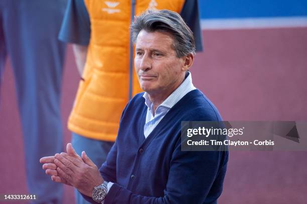 Sebastian Coe, President of the International Association of Athletics Federations presenting medals during the Athletics competition at Alexander...