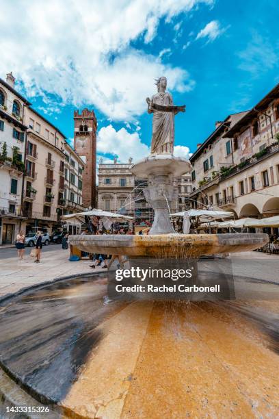 statue of madonna verona's fountain in a "piazza erbe" square full of tourists. - véneto bildbanksfoton och bilder