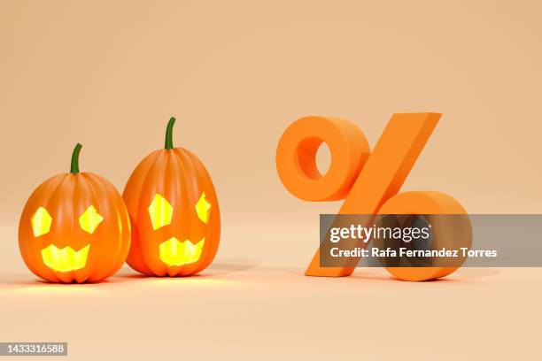 halloween sale. jack o lanterns on orange background. 3d render - outubro imagens e fotografias de stock