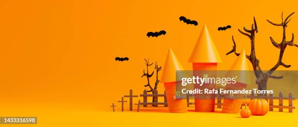 witch house and pumpkins on yellow background, halloween concept, 3d rendering - partition wizard stock-fotos und bilder