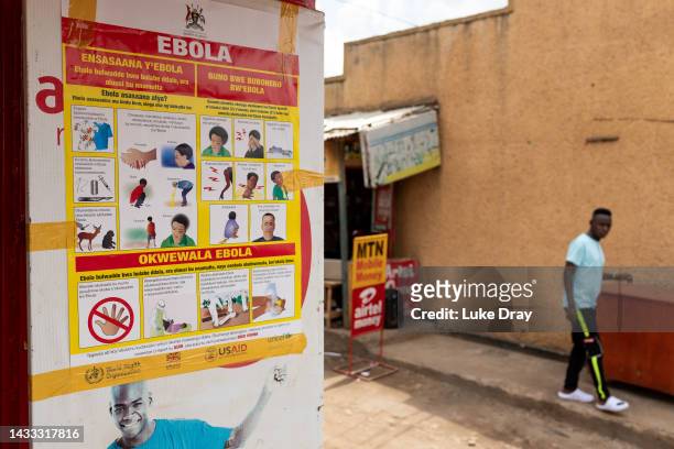 Ebola prevention signage as seen on October 14, 2022 in Mubende, Uganda. Emergency response teams, isolation centres and treatment tents have been...