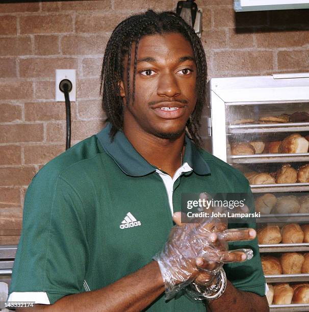 Robert Griffin III attends the unveiling of the Smokehouse BBQ Chicken statue at Subway Restaurant on April 24, 2012 in New York City.