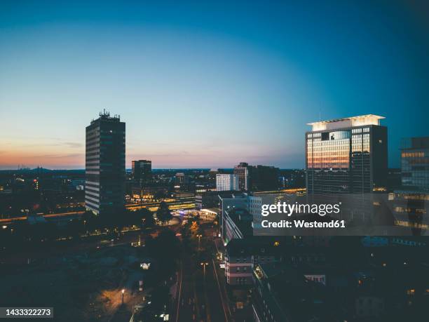 aerial view of buildings in essen city under sky at dusk - essen germany bildbanksfoton och bilder