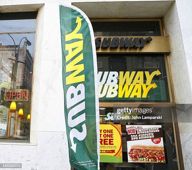 Atmosphere during the unveiling of the Smokehouse BBQ Chicken statue at Subway Restaurant on April 24, 2012 in New York City.