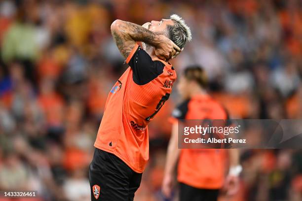 Charlie Austin of the Roar shows his frustration during the round two A-League Men's match between Brisbane Roar and Melbourne City at Suncorp...