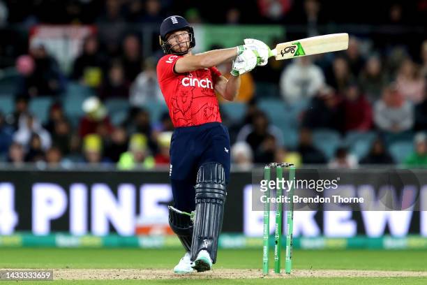 Jos Buttler of England bats during game three of the T20 International series between Australia and England at Manuka Oval on October 14, 2022 in...