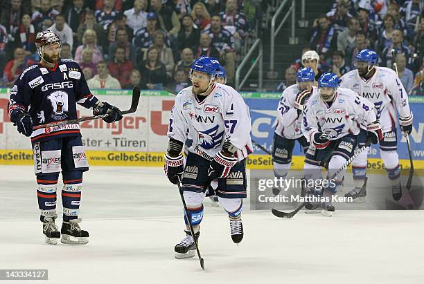 Ronny Arendt of Mannheim jubilates after scoring the first goal during the DEL final match between EHC Eisbaeren Berlin and Adler Mannheim at O2...