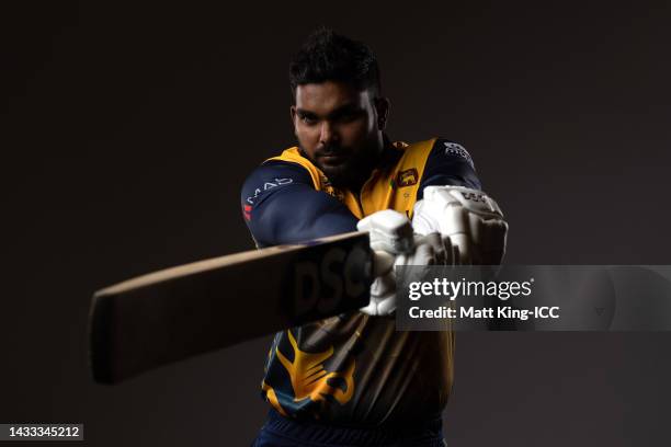 Wanindu Hasaranga poses during the Sri Lanka ICC Men's T20 Cricket World Cup 2022 team headshots at Melbourne Cricket Ground on October 12, 2022 in...