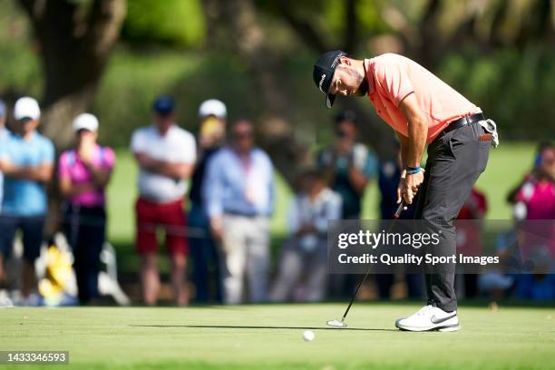 Angel Hidalgo of Spain plays a shot during Day Two of the Estrella Damm N.A. Andalucía Masters at Real Club Valderrama on October 14, 2022 in Cadiz,...