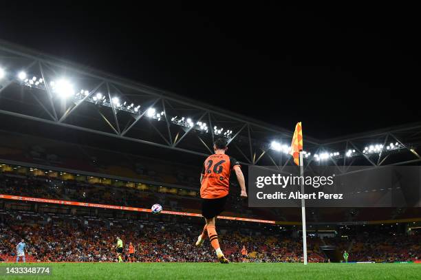 General view is seen as Jay O'Shea of the Roar takes a corner kick during the round two A-League Men's match between Brisbane Roar and Melbourne City...