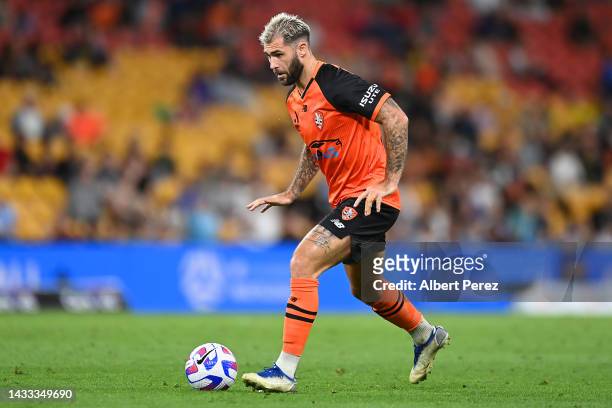 Charlie Austin of the Roar in action during the round two A-League Men's match between Brisbane Roar and Melbourne City at Suncorp Stadium, on...