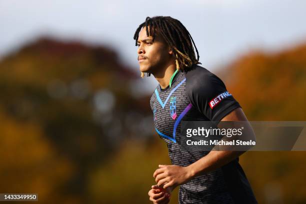 Dom Young of England looks on during the England Team Run ahead of the Rugby League World Cup 2021 on October 14, 2022 in Newcastle upon Tyne,...