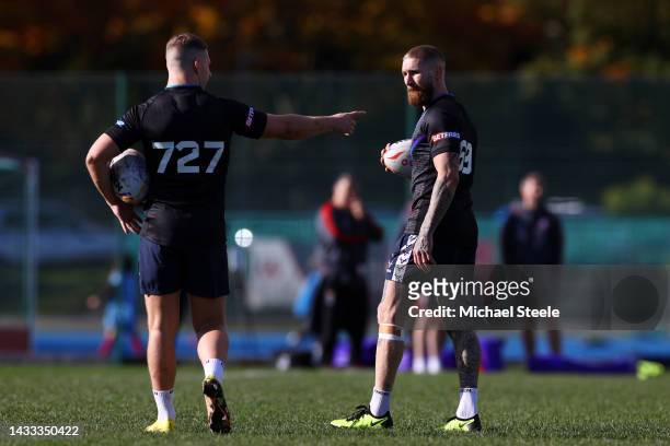 Luke Thompson of England looks on during the England Team Run ahead of the Rugby League World Cup 2021 on October 14, 2022 in Newcastle upon Tyne,...