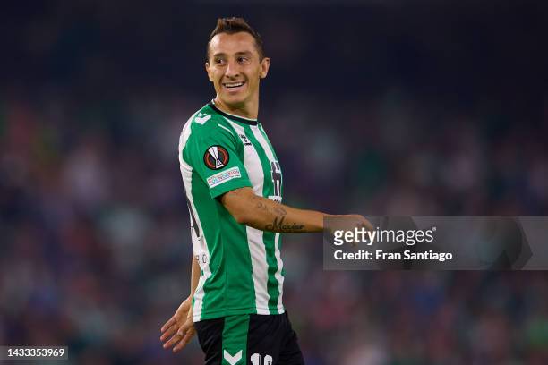 Andres Guardado of Real Betis reacts during the UEFA Europa League group C match between Real Betis and AS Roma at Estadio Benito Villamarin on...