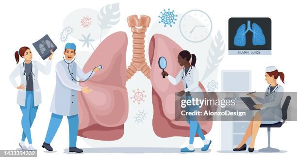 doctors checking respiratory system. lung x-ray examination. - healthy vs unhealthy lungs stock illustrations