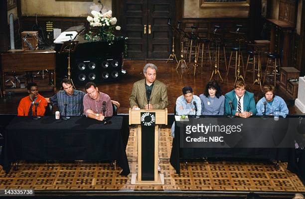 Season 18 Press Conference - Pictured: Chris Rock, Kevin Nealon, Phil Hartman, Lorne Michaels, Rob Schneider, Julia Sweeney, Chris Farley, Dana...