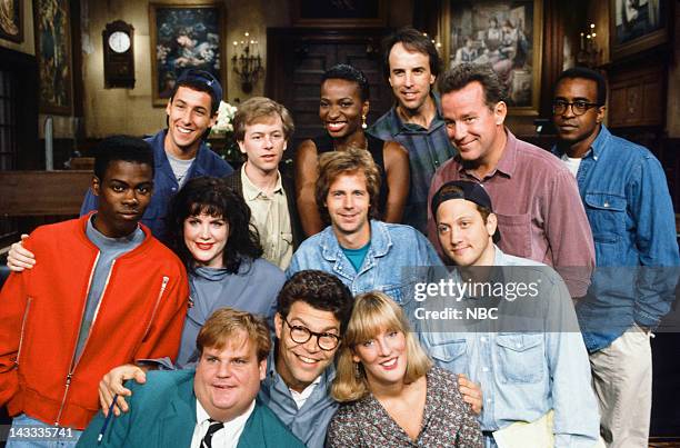 Season 18 Press Conference - Pictured: Adam Sandler, David Spade, Ellen Cleghorne, Kevin Nealon, Phil Hartman, Tim Meadows Chris Rock, Julia Sweeney,...