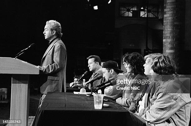 Season 18 Press Conference - Pictured: Lorne Michaels, Phil Hartman, Rob Schneider, Julia Sweeney, Chris Farley, Dana Carvey on September 24, 1992 -...