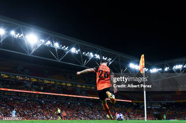 General view is seen as Jay O'Shea of the Roar takes a corner kick during the round two A-League Men's match between Brisbane Roar and Melbourne City...