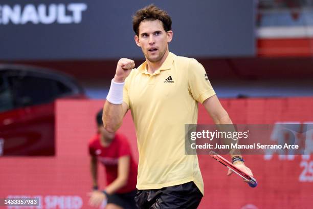 Dominic Thiem of Austria celebrates after winning match in his quarterfinal match against Francisco Cerundolo of Argentina during day five of the...