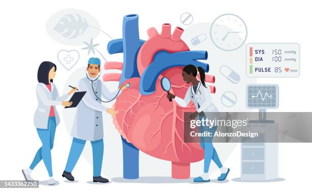 ilustraciones, imágenes clip art, dibujos animados e iconos de stock de médicos que examinan la salud del corazón. cardiología. - cardiovascular system stock illustrations