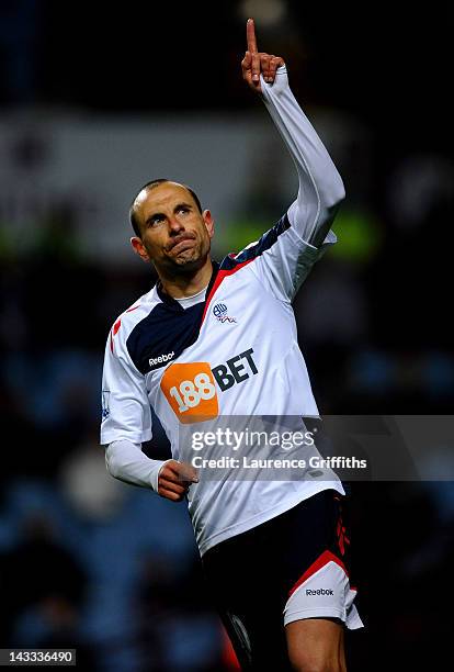 Martin Petrov of Bolton Wanderers celebrates scoring his team's first goal from a penalty during the Barclays Premier League match between Aston...