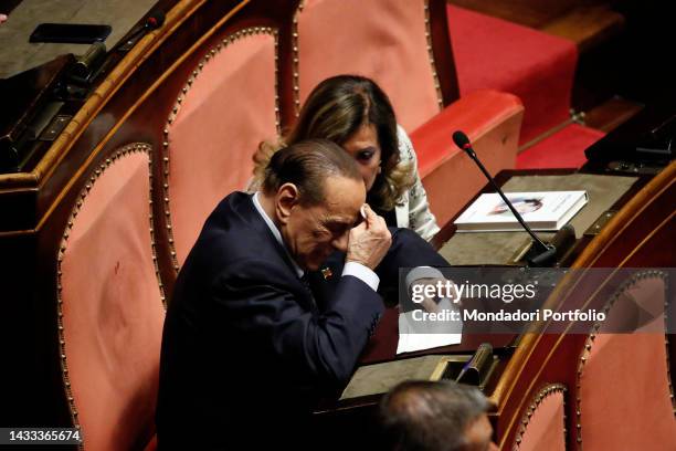 Prima seduta della XIX Legislatura e votazione per lelezione del presidente del Senato. In the photo Silvio Berlusconi with handkerchief, sponge and...