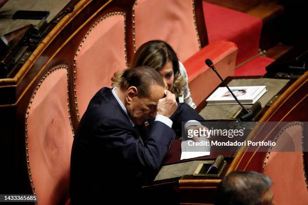 Prima seduta della XIX Legislatura e votazione per lelezione del presidente del Senato. In the photo Silvio Berlusconi with handkerchief, sponge and...