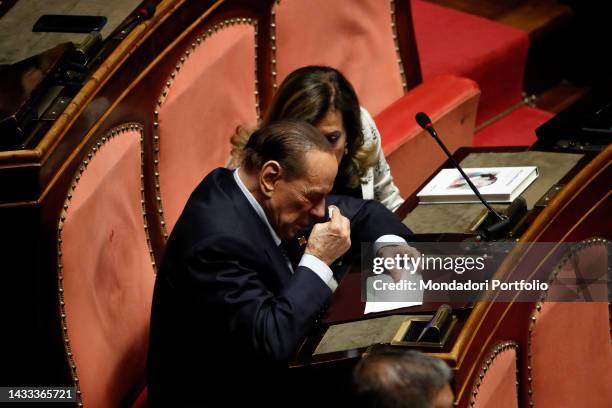 Prima seduta della XIX Legislatura e votazione per lelezione del presidente del Senato. In the photo Silvio Berlusconi with handkerchief, sponge and...