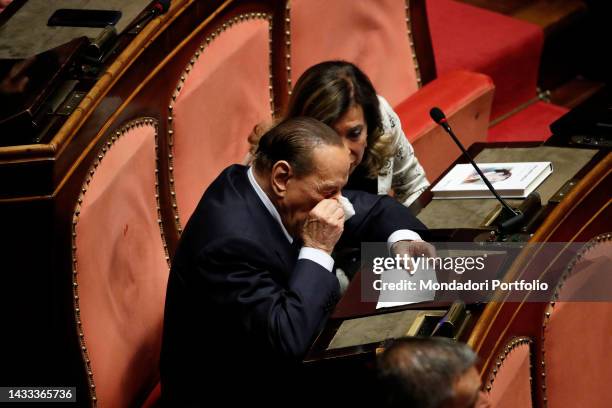 Prima seduta della XIX Legislatura e votazione per lelezione del presidente del Senato. In the photo Silvio Berlusconi with handkerchief, sponge and...