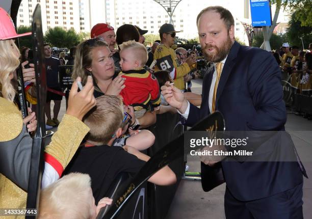 Phil Kessel of the Vegas Golden Knights signs autographs for fans as he arrives at the team's home opener against the Chicago Blackhawks at T-Mobile...