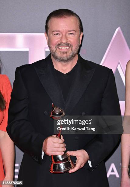 Ricky Gervais with the Comedy Award for 'After Life' in the winners' room at the National Television Awards 2022 at OVO Arena Wembley on October 13,...