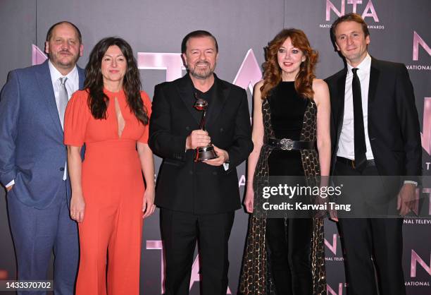 Tony Way, Jo Hartley, Ricky Gervais, Diane Morgan and Tom Basden with the Comedy Award for 'After Life' in the winners' room at the National...
