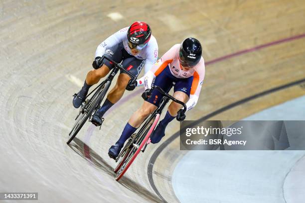 Laurine van Riessen of Netherlands and Fuko Umekawa of Japan in action on the womens sprint 1/16 final race during the Day 2 of the 112th World...