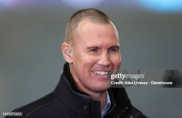 Kenny Miller a former player of Rangers FC looks on during a tv interview prior to the UEFA Champions League group A match between Rangers FC and...