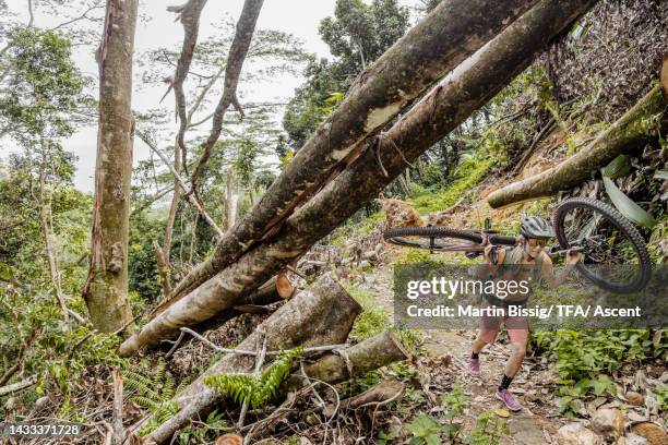 mountain biker carries bicycle up steep hill in jungle - winkelwagen stock-fotos und bilder